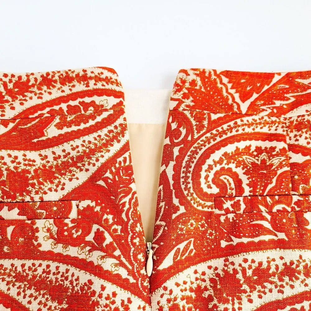 J Crew Paisley Pencil Skirt Womens 0 Fully Lined Orange/White Cotton Blend